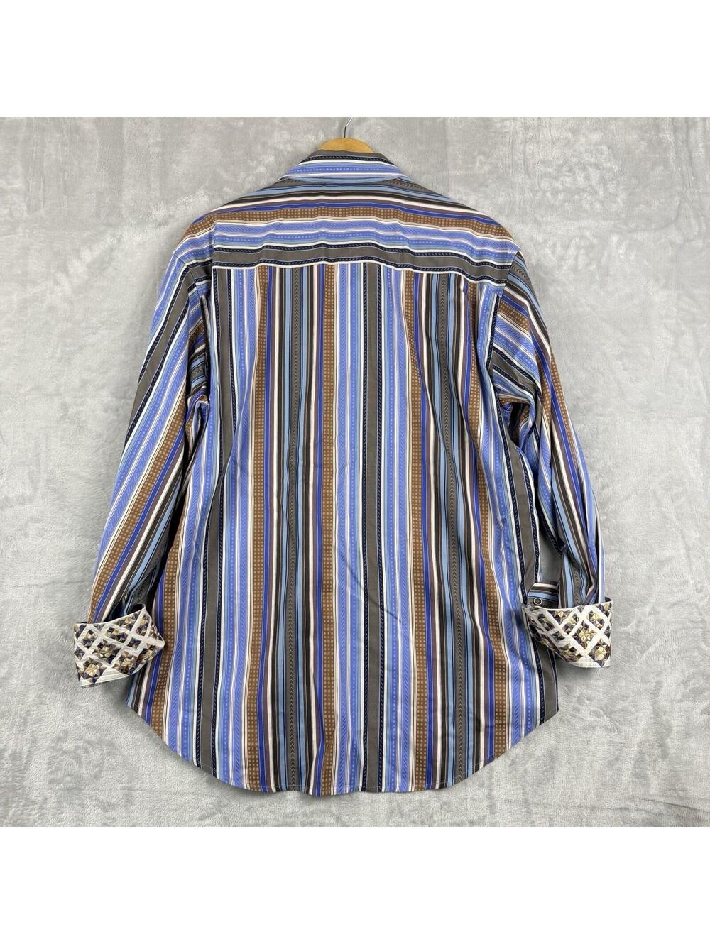 Robert Graham Striped Button Up Shirt Blue Brown Embroidered MenXL Preppy Luxury - Picture 3 of 12